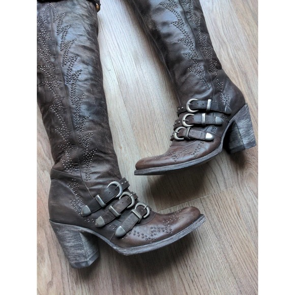 Old Gringo Roxy Studded Buckle Tall Heeled Western Boots 18" Women 6.5 Chocolate - Picture 2 of 16